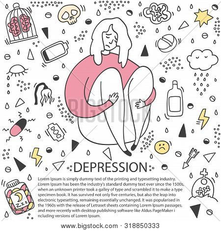 Sad And Depressed Girl Sitting. Depression Girl Doodle Color. Heartbreak And Sad Doodle Woman. Depre