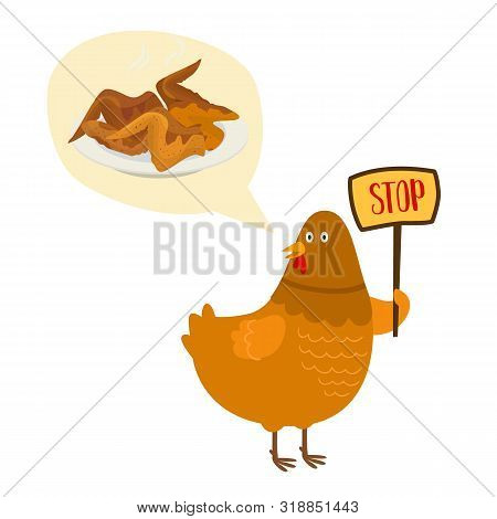 No Food With Chicken Fries And Roasted Vector Illustration Prohibition Sign. Cartoon Chicken With Pl