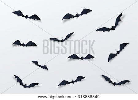 Halloween Bat Vector Decor Background. Paper Cut Style. Black Vampire Flittermouse Flying Over White