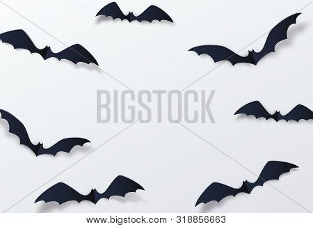 Halloween Bat Vector Decor Background. Paper Cut Style. Black Vampire Flittermouse Flying Over White