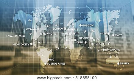Global Aviation Abstract Background With Planes And City Names On A Map. Business Travel Transportat