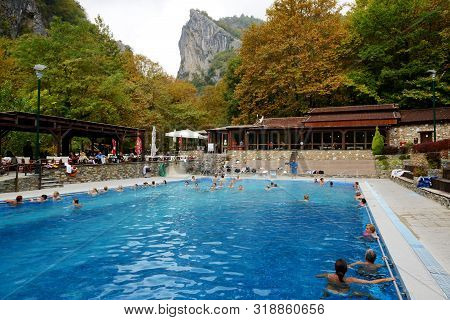 Loutra, Aridea, Greece-october 13: The Tourists Swimming In Water From Hot Springs In Loutra, Aridea