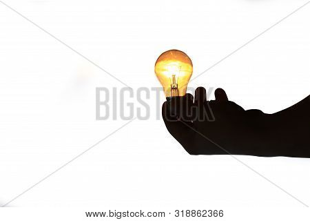 Silhouette Hand Holding Light Bulb On White Background