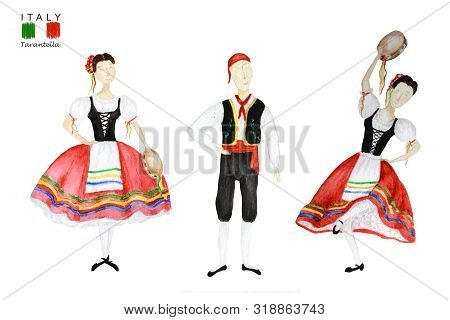 Dancers In Red National Costume An Italian Tarantella With A Tambourine On White Background. Set Of 