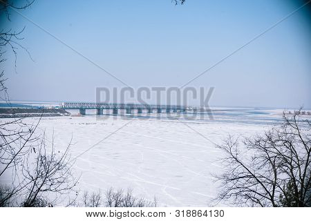 Bridge Over The Frozen River In Cherkassy.