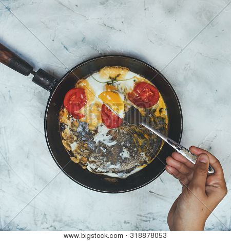 Breakfast With Fried Eggs And Vegetables. Fried Egg Pan. Omelet In The Frypan With Fresh Vegetables