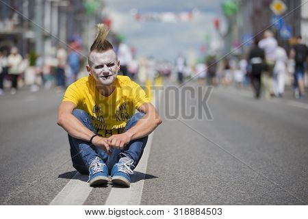 Belarus, The City Of Gimel, July 03, 2019. Youth Festival.punk In Bright Clothes On A City Street