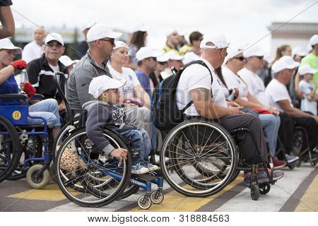 Belarus, The City Of Gimel, July 03, 2019. Youth Festival.marathon Disabled. People In Wheelchairs O