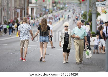 Belarus, The City Of Gimel, July 03, 2019. Youth Festival.people Of Different Ages Walk The Streets 
