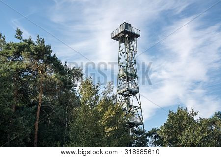 Fire Lookout Tower In The Calmthout Heathland Nature Reserve Next To The Busy Port Of Antwerp