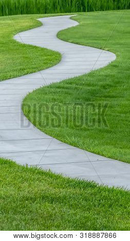 Vertical Frame Close Up Of A Pathway Winding Though A Terrain Covered With Short Vivid Grasses