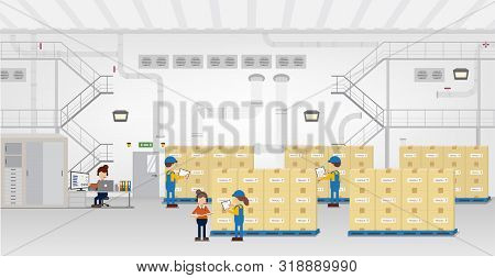 Warehouse In Process With Workers Working Flat Design Vector Illustration