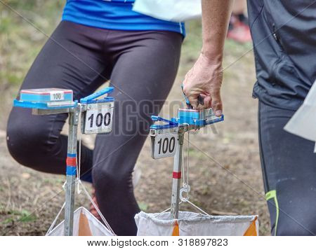 Outdoor Orienteering Check Point Activity. Extreme Training Or Race Competition