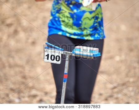 Outdoor Orienteering Check Point Activity. Extreme Training Or Race Competition