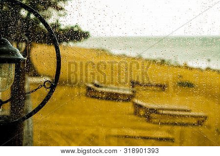Melancholic Picture Of Dull Rainy Day At The Sea Resort With Wet Sun Beds And Pine Tree At The Backg