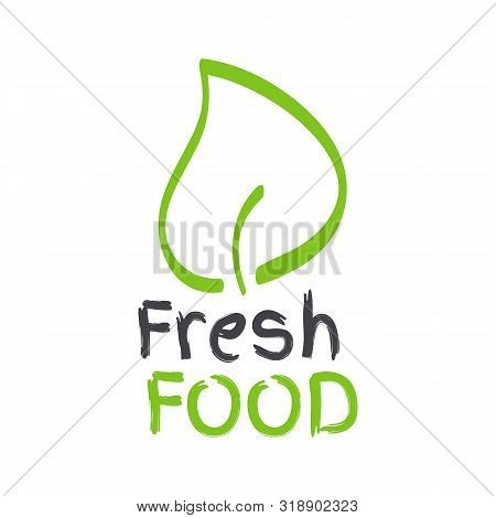 Fresh Food Label With Leaf. Green And Grey Vector Logo, Sign. Symbol For Food, Healthy Eating, Healt
