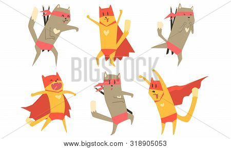 Ninja Dog And Cat Characters Set, Funny Superhero Animals Vector Illustration