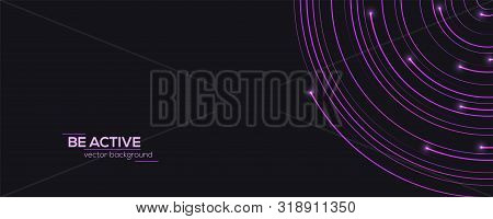 Modern Banner With Radial Moving Lines And Glow On Ends Of Lines. Dynamic Flow On Dark Background Wi
