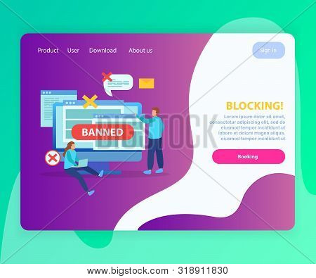 Internet Website Blocking Abusive Users Ip Addresses Flat Landing Page With Banned Messages Bubbles 