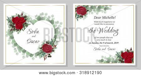 Vector Frame In The Shape Of A Heart Of Green Leaves. Red Rose, Green Plants, Rose Buds.  All Elemen