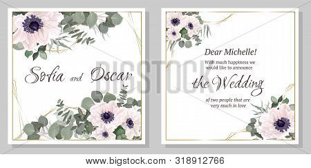 Vector Template For A Wedding Invitation. White Anemone Flowers, Eucalyptus, Green Leaves And Plants