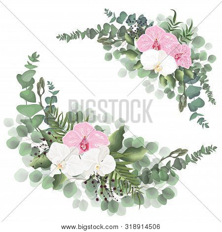 Vector Corners For Floral Design. Pink And White Orchid Flowers, Green Leaves, Plants. All Elements 