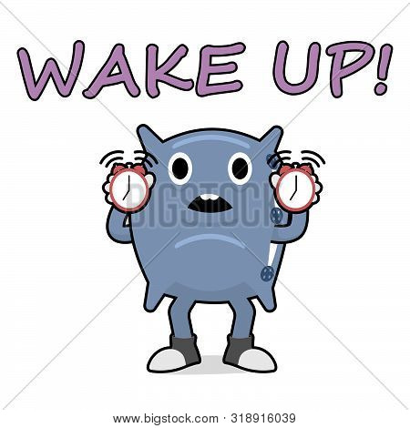 A Funny Pillow Holds Two Alarm Clocks In Its Hands.
