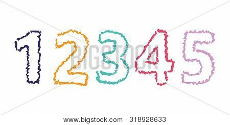 Hand Drawn Numbers 12345. Uppercase Modern Font And Typeface. Multicolored Symbols On White Backgrou