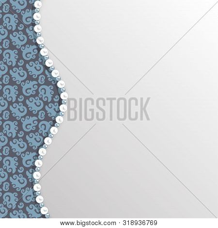 Background For Wedding Invitation Or Greeting Card With Black Lace Pattern And Pearl Border. Vector 