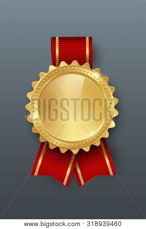 Award Golden Blank Medal With Ribbon 3d Realistic Illustration. First Place Medal With Red Ribbon. Q