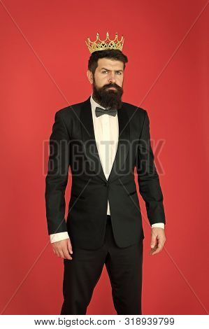 Egoist. Businessman In Tailored Tuxedo And Crown. Bearded Man Egoist In Tuxedo And Bow Tie. Big Boss