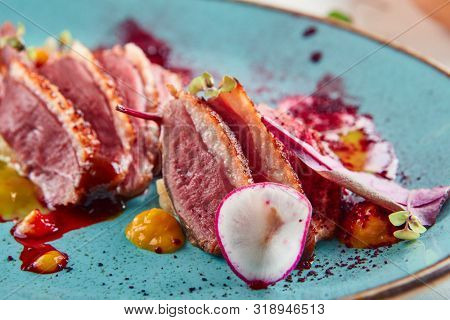 Macro shot of Sliced duck breast with hummus and plum sauce on turquoise plate. Exquisite serving restaurant main course with grilled goose fillet steak, greens and spices