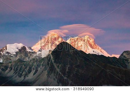 Scenic View Of Mount Everest 8,848 M And Lhotse 8,516 M At Gokyo Ri Mountain Peak Near Gokyo Lake Du
