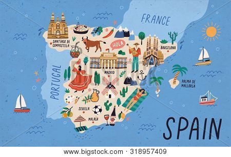 Map Of Spain With Touristic Landmarks Or Sights And National Symbols - Cathedrals, Flamenco Dancer, 
