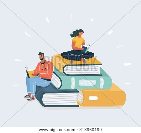 Cartoon Vector Illustration Of Man And Woman Reading Books Sitting On Many Big Books. Human Characte