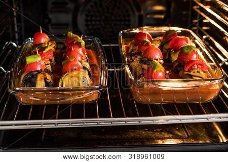 Turkish Islim Kofta Kebab With Meatballs And Cherry Tomatoes Wrapped In Eggplant / Aubergine Slices