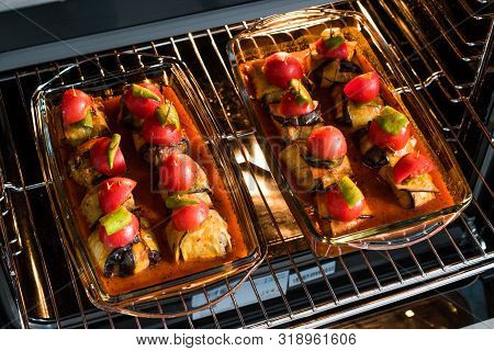 Turkish Islim Kofta Kebab With Meatballs And Cherry Tomatoes Wrapped In Eggplant / Aubergine Slices