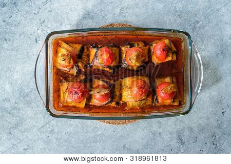 Turkish Islim Kofta Kebab With Meatballs And Cherry Tomatoes Wrapped In Eggplant / Aubergine Slices.