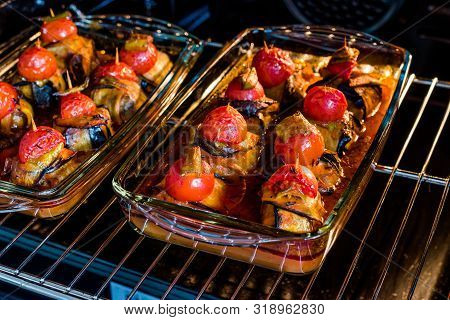 Turkish Islim Kofta Kebab With Meatballs And Cherry Tomatoes Wrapped In Eggplant / Aubergine Slices
