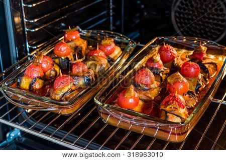Turkish Islim Kofta Kebab With Meatballs And Cherry Tomatoes Wrapped In Eggplant / Aubergine Slices