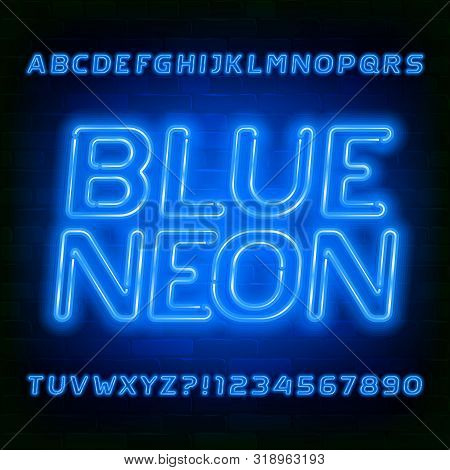 Blue Neon Alphabet Font. Bright Neon Letters And Numbers On Brick Wall Background. Stock Vector Type