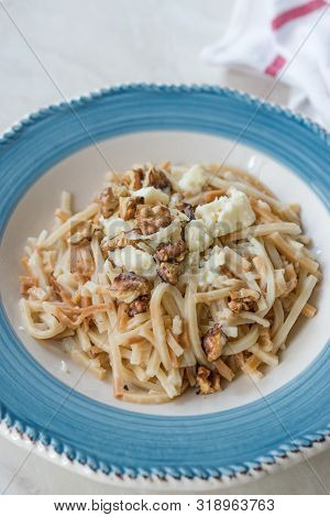 Turkish Homemade Food Noodle / Eriste With Cheese And Walnuts.