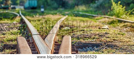 Railway Sleepers And Rails Close-up. Rusty Rails Of An Abandoned Railway In Forest