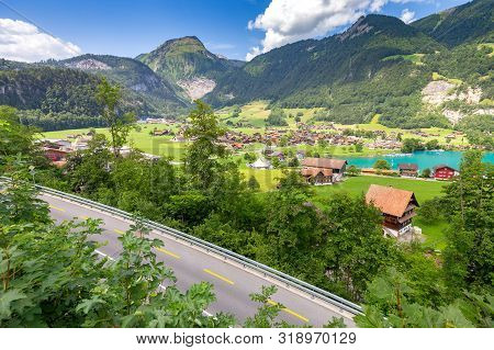 Scenic View Of A Traditional Medieval Alpine Village On A Sunny Day. Lungern Switzerland.