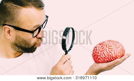 Adult Nerd Man Wearing Eyeglasses Looking At Human Brain Model. Thinking And Intelligence Conept