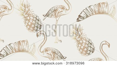 Tropic Vintage Card With Flamingo And Pineapple Vector. Retro Extotic Paradise Shiny Design Textures