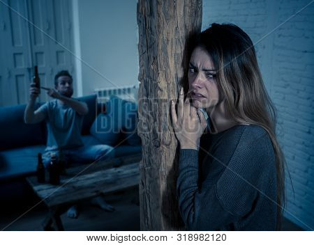 Woman Victim Of Domestic Violence And Abuse. Husband Intimidating His Wife