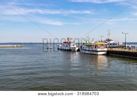 Krynica Morska, Pomorskie / Poland - August, 26, 2019: Fishing Port On The Vistula Lagoon. Harbor Bu