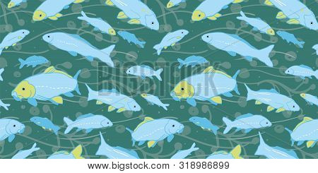 Wavy Sealife Goldfish Koi Seamless Pattern. With Seaweed, Wave And Fish In Tones Of Blue And Green. 