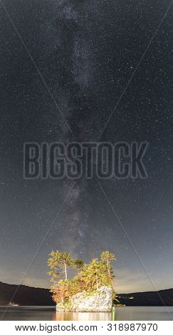 Vertical Panorama Lake Towada with milky way , Towada Hachimantai National Park Aomori, Japan